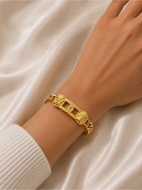14K Gold Filled Goddess Medallion Curb Link Bangle Bracelet Statement